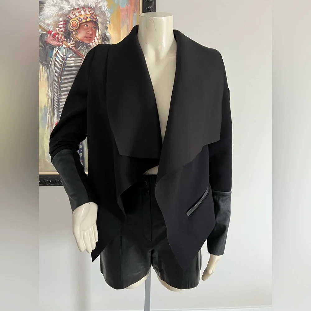 RUDSAK Black Draped Open-Front Jacket with Leather Trim – Modern Statement - Picture 3 of 16